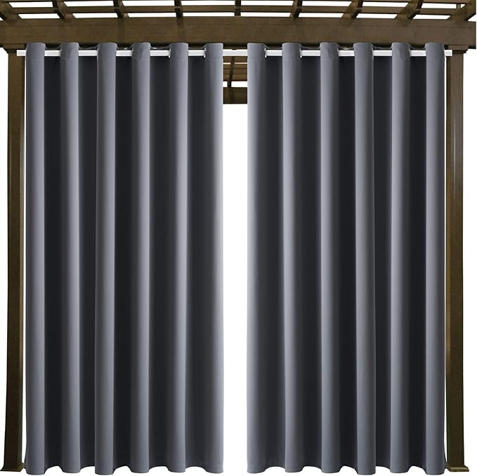 Water Proof Outside Curtains with Grommet Top for Porch, W84 x L120 Thermal Insulated Washable Light Block Outdoor Divider Drapes for Patio Gazebo Deck Pool Area Pergola Cabana (Gray, 2 Panels) DivaenCamino