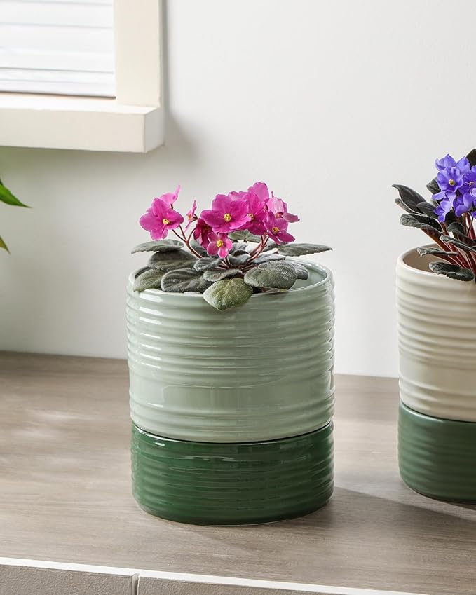 Self Watering Pots for Indoor Plants, 6 Inch Ceramic Self Watering Plant Pot, Planter Pot with Wick Rope and Drainage Hole for African Violet Succulent Herbs (Green Light) FayoulasGarden