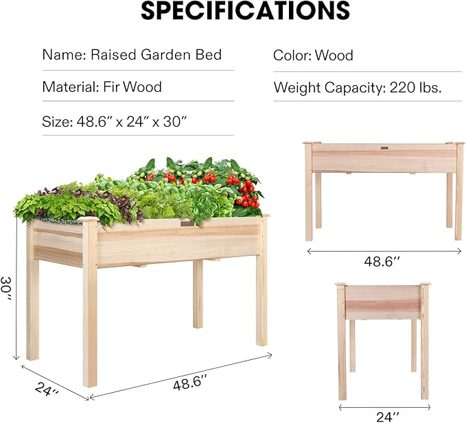 VIVOSUN Elevated Wooden Raised Garden Bed, 48 x 24 x 30 Inches, Outdoor Wood Planter Box w Bed Liner and Gloves for Garden, Patio, Balcony, Backyard and Outdoors, 220-Pound Capacity VIVOSUN