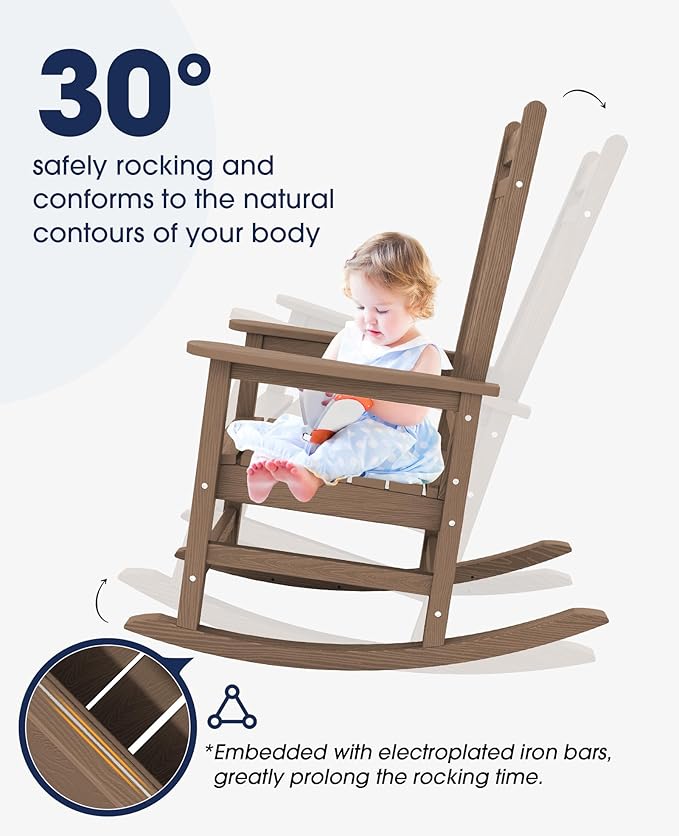 KINGYES Oversized Outdoor Rocking Chair Set of 8, All-Weather Patio Rocking Chairs for Porch, HDPE Outdoor Patio Rockers with High Back & Wide Seat for Garden, Lawn, Brown KINGYES
