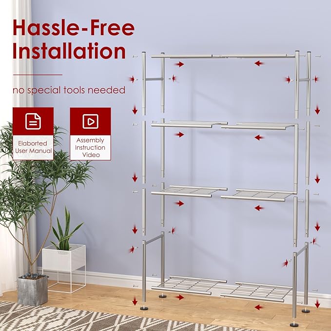 Storage Shelves - 4 Tier Shelf Organizer, Heavy Duty Garage Shelving Unit with Leveling Feet, Stable Metal Shelves Organizer for Pantry, Kitchen and Closet, 33.0" W x 12.6" D x 57.2" H, Silver Sakugi