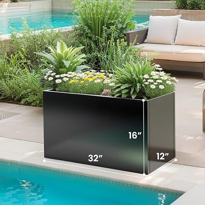 Galvanized Steel Planter Black Metal Outdoor Planter Powder Coated 32" x 12" x 16" Pot Metallic Heavy Pot Indoor & Outdoor, Commercial & Residential (L32 x W12 x D16, Black) DISCOVERINGBEAUTY