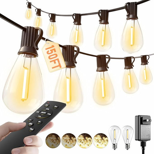 luckystyle 150FT LED Outdoor String Lights with Remote, 55+2 Shatterproof Bulbs Waterproof and Dimmable Patio Lights for Porch, Garden, Backyard, Deck, Balcony, 2700K Hanging Lighting luckystyle