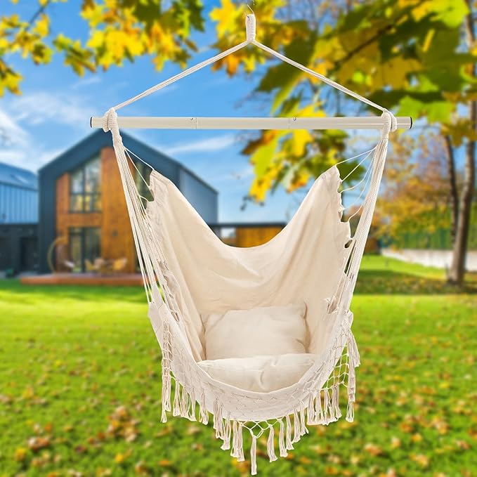 Hammock Chair, Hanging Rope Swing Seat with 2 Cushions,Macrame Hanging Chair Side Pocket with High Load-Bearing Metal Rod,for Indoor, Outdoor, Extra Comfortable YAERSI