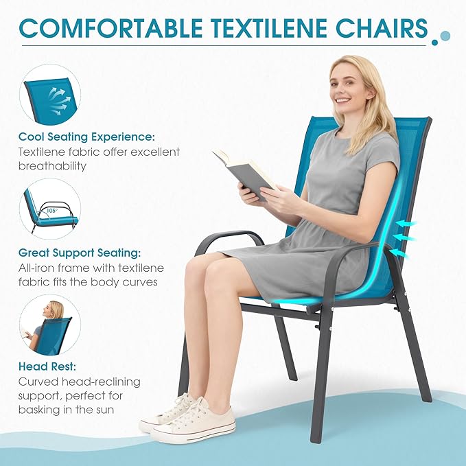 Outdoor Stackable Chairs Set of 4, Stacking Patio Chairs with Textilene Fabric, Outside Furniture for Garden Backyard Balconie Poolside Deck, Blue Villeston