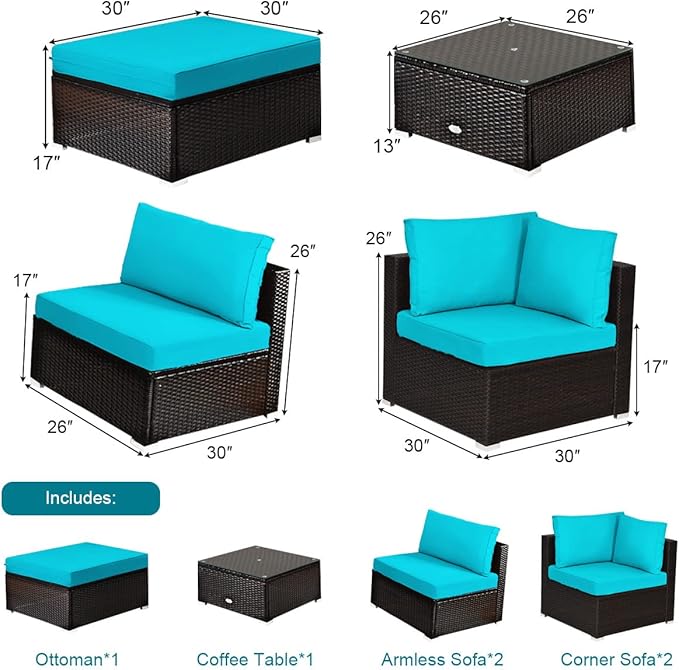 Tangkula 6 Piece Patio Furniture Set, Outdoor Deck Lawn Backyard Durable Steel Frame PE Rattan Wicker Sectional Sofa Set, Conversation Set with Coffee Table (Turquoise) TANGKULA