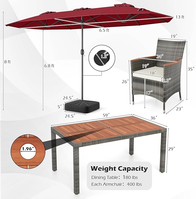 Tangkula 9 Piece Rattan Outdoor Dining Set with 13Ft Umbrella for 6, Outdoor Wicker Table Set with 6 Cushioned Armchairs, Acacia Wood Top, Outdoor Umbrella & with Base Included TANGKULA