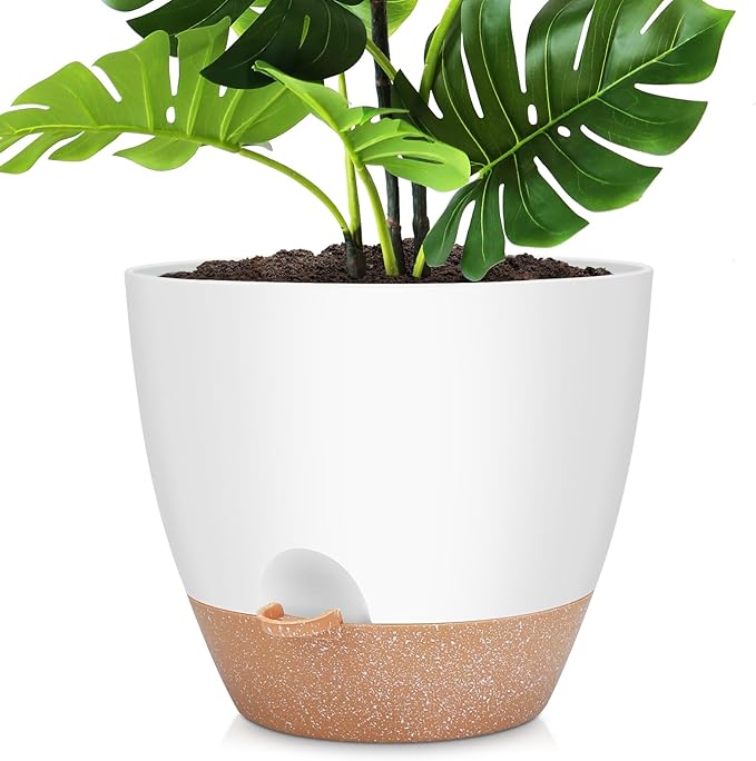 12 Inch Large Self Watering Plant Pot Set, Flower Pots with Multi-Mesh Drainage Holes and Saucer, Suitable for Indoor and Outdoor Garden Plants, White. AFamilyofGardenLovers
