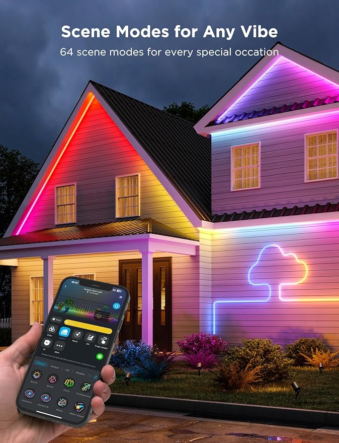 Govee Outdoor Neon Rope Lights, 65.6ft RGBIC IP67 Waterproof Outdoor Decorations with 64 Scene Modes, Music Sync, Flexible LED Lights, Neon Lights Work with Alexa, Google Assistant Govee