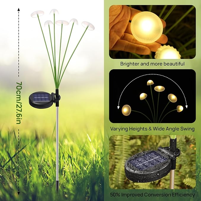 Solar Garden Lights, 2-Pack Dual Mode LED Solar Mushroom Lights, Waterproof Firefly Outdoor Decor for Yard, Patio, and Pathway – Warm White Jellyfish Ambiance RIEYUE