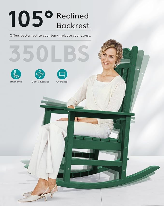 SERWALL Outdoor Rocking Chair Set of 4, Patio Rocking Chairs Set, HDPE Rocking Chair Outdoor for Adults, Heavy Duty Front Porch Rocker, Green SERWALL