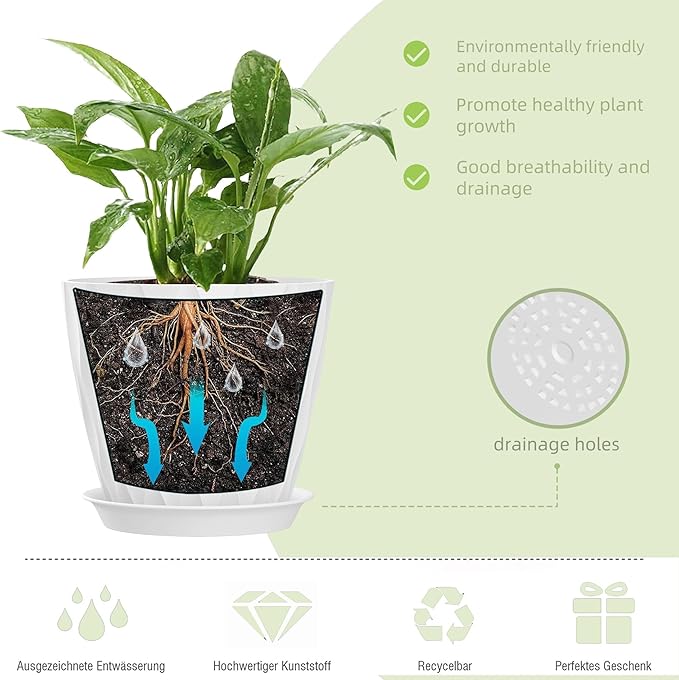 7 Inch Plant Pots 5 Pack, Flower Planters with Drainage Holes and Trays,Plastic Pots for Indoor Outdoor Plants,White SQKH