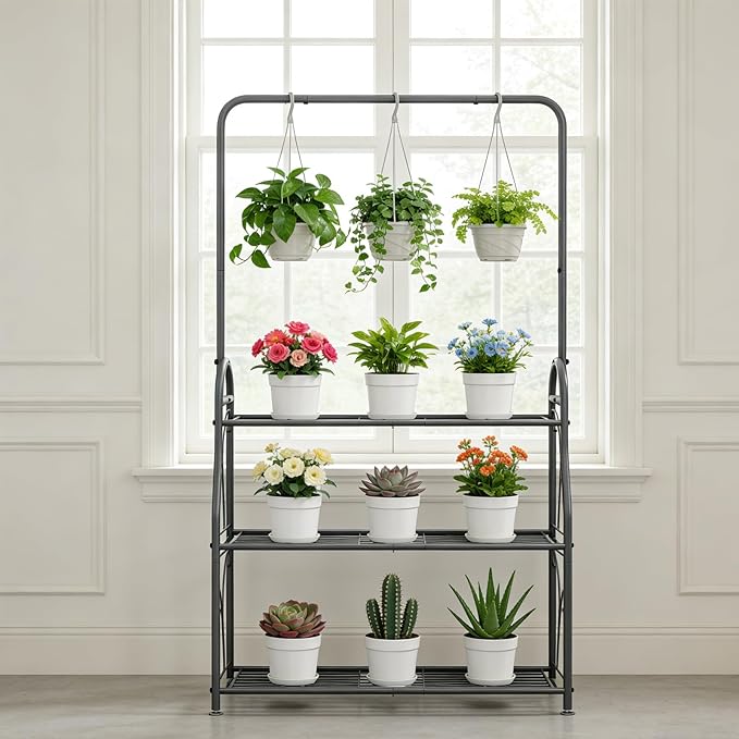 SORCEDAS Plant Stand Indoor Outdoor 3 Tier Tall Corner Hanging Plant Shelf Metal Flower Stands Ladder Plant Holder for Living Room Balcony Garden Patio Multiple Plants, Dark Grey SpecialYourHome
