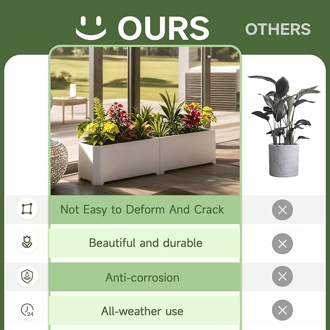 Steel Planter Box-32"x15"x15"-Rectangular Planters for Outdoor Plants, White Matel Planter Box Raised Support Feet for Patio, Deck, Garden, Yard, Drain Holes, Easy Assembly GJWCVLOUTDOORLIFESELLER