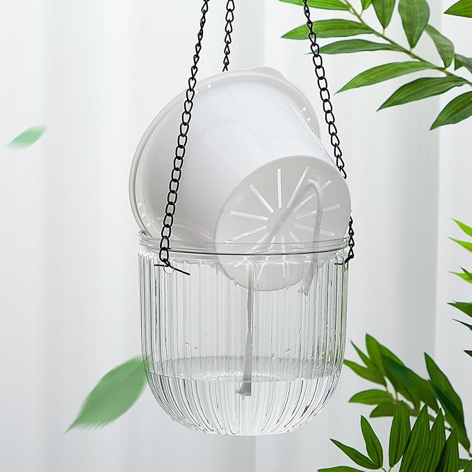 Meanplan 4 Pcs Self Watering Hanging Planter Indoor 6.5 Inch Hanging Baskets for Plants Outdoor Plastic Flower Pot with 3 Hooks Chains Drainage Holes for Garden Home, Medium Size(Clear) Meanplan
