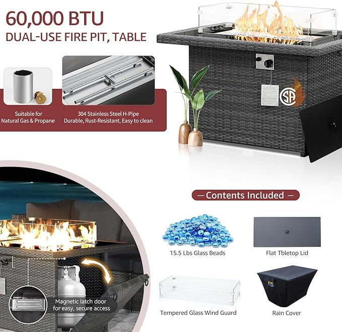 NICESOUL 11 Piece Outdoor Furniture with Fire Pit Propane/Gas, 29.3'' High Back Patio Sectional with Fire Pit & Chaise Lounge, 500 lbs Heavy Duty Large Deep Couches, 2 Color Cushion Burgundy & Gray NICESOUL
