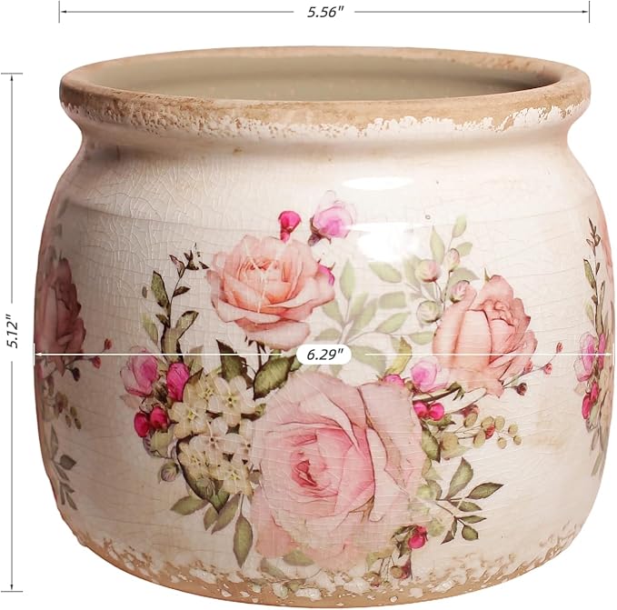 Ceramic Planter for Indoor Plants, 6.29 Inch Rose Pattern Crackle Glaze Flower Pot with Drainage Hole, Orchid Succulent Pots, European Farmhouse Bedroom Balcony Decor Gift, Pink XiaanJiaju