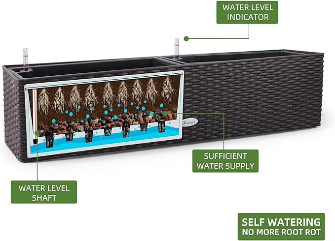 Dexceder 31.5 Inch Rattan Self Watering Planter Indoor Outdoor, Thickened Large Rail Flower Plant Pot Window Box with Water Level Indicators (Brown) Dexceder