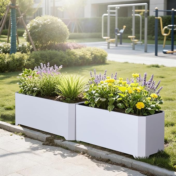 Steel Planter Box-32"x15"x15"-Rectangular Planters for Outdoor Plants, White Matel Planter Box Raised Support Feet for Patio, Deck, Garden, Yard, Drain Holes, Easy Assembly GJWCVLOUTDOORLIFESELLER