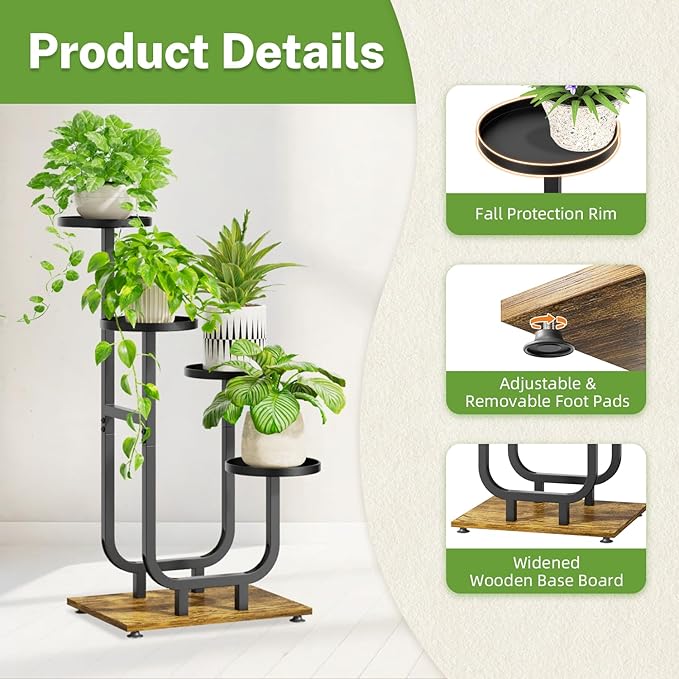 iDavosic.ly 4 Tier Plant Stand Indoor, Corner Tiered Multiple Flower Holder Shelf with Metal Trays, Orchid Display Wooden Rack for Patio Porch Living Room Balcony Outdoor, Modern Black & Rustic Brown iDavosicly