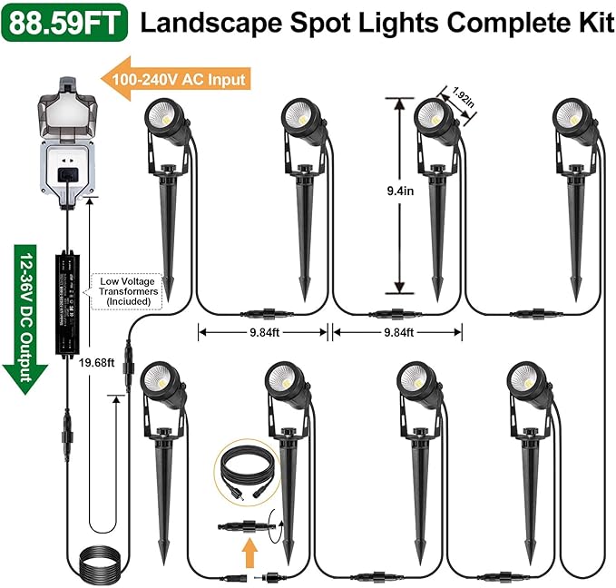 Low Voltage Landscape Lighting, 8 Pack Outdoor Spot Lights with Transformers, 12V Warm White Landscape Spotlights IP65 Waterproof Plug in Outdoor Uplights for Yard House Pathway Tree Pools IRISECO