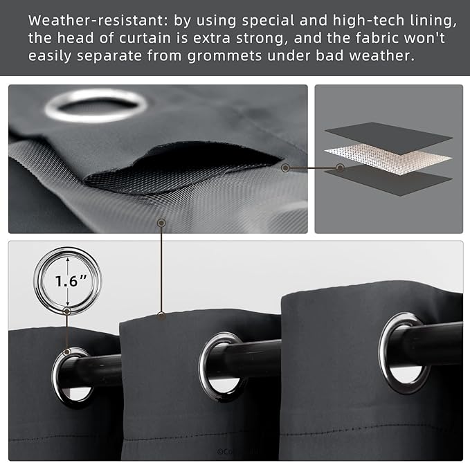 Waterproof Outdoor Curtain W105 x L95 - Grommet Top Sunlight Blocking Window Treatment Drapes Blackout Curtains for Home Bedroom Living Room Outdoor Patio Porch Pergola Cabana Gazebo (Dark Gray) DivaenCamino