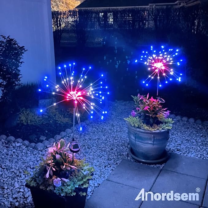 Anordsem Solar Garden Lights Outdoor: Bendable Copper Wire with 120 LED Firework Beads - Waterproof 2 Red Lighting Modes for Yard Patio Path - Gardening Gifts for Homeowner Gardener Anordsem