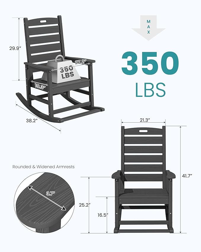SERWALL Outdoor Rocking Chair, Oversized Rocking Chair with Footrest for Adults, HDPE All Weather Resistant Rocking Chairs for Patio, 350lbs Weight Capacity, Gray SERWALL