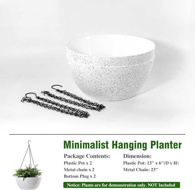 WOUSIWER 13 inch 2Pack Large Hanging Planters for Outdoor Indoor Plants with Drainage Holes and Chain, Round Hanging Flower Pots for Garden Home Porch Decor, White Speckles WOUSIWER