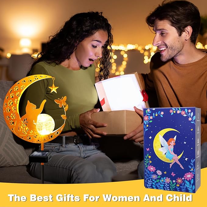 YJFWAL Garden Solar Cat Lights Pathway Stake Lights Glass Globe with Moon Cat Decor, Christmas Gift for Mom Grandma Friends, Outdoor Decor Light Waterproof for Walkway, Patio or Garden (Warm White) YJFWAL