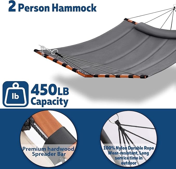 TegerDeger 12FT 2 Person Hammock Large Hammock 450LB Capacity with V Shaped Hardwood Spreader Bar & Nylon Rope for Outside, Patio, Garden, Backyard, Beach, Poolside - Gray Tegerdeger
