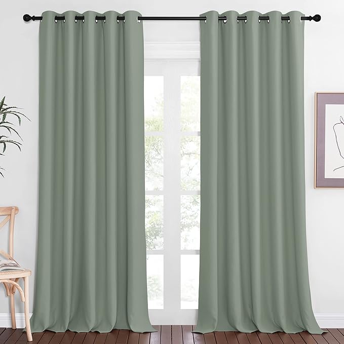 NICETOWN Blackout Sage Green Curtain 90 inch Length for Bedroom - Thermal Insulated Grommet Room Darkening Window Drape Sound Dampening for Living Room, W66 x L90, 1 Panel NICETOWN