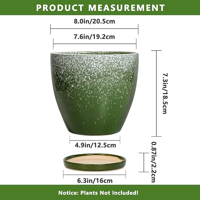 Ceramic Pots for Plants - 8 Inch Planter for Indoor Outdoor Plants, Round Planter, Large Flower Pot with Drainage and Saucer, Home Room Garden Office Decor, Birthday Gifts, Green EPFamily