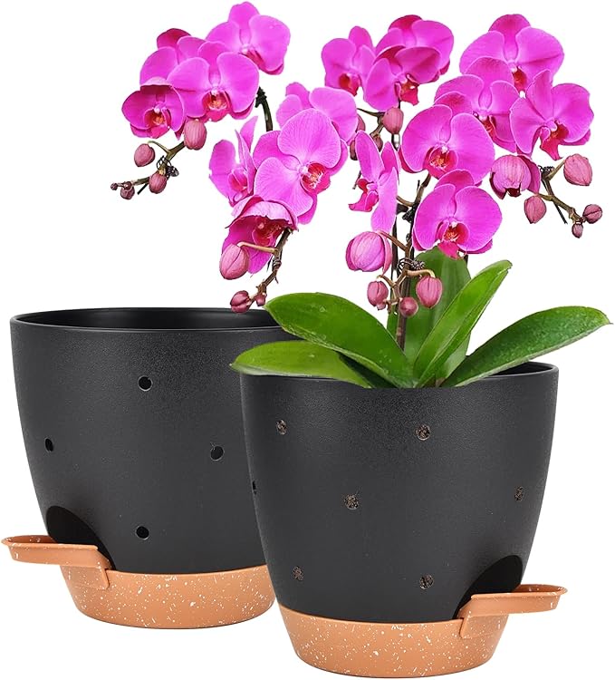 6 Inch Orchid Pots with Holes, 2 Pack Self Watering Planters for Orchids Plastic Orchid Pot Plant Flower Pots for Orchids Indoor Outdoor (Black with Brown) Vanslogreen