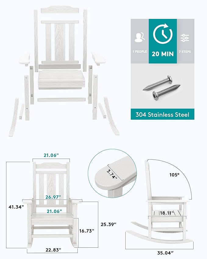 SERWALL Oversized Outdoor Rocking Chair Set of 2, HDPE Outdoor Rocking Chair for Adults, White SERWALL