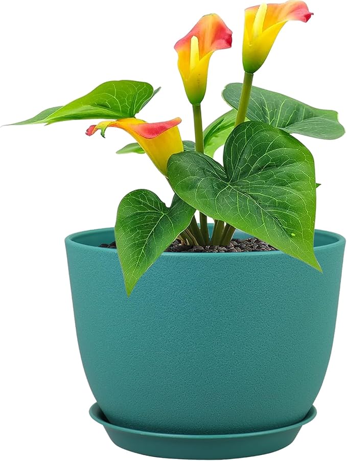 Plant Pots 12 inch, Plastic Planters with Drainage Holes and Saucers, Large Flower Pots for Indoor Outdoor Plants, Modern Decorative Pots for Garden House Plants, Blue Green Meowell