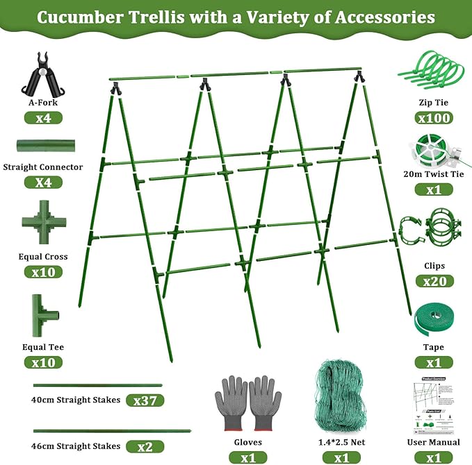 Cucumber Trellis for Raised Bed, 50x 54 inch A-Frame Garden Trellis for Climbing Plants Outdoor, Metal Arch Trellis with Netting, Vegetables Trellis for Grape Pea Bean tetutor
