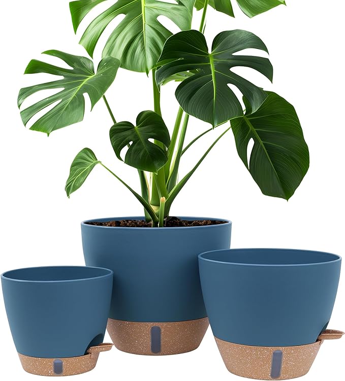 8/10/12 Inch Large Self Watering Pots for Indoor Plants Plastic Plant Pot for Outdoor Plants, Water Level Window & Spacious Reservoir Flower Pots Decorative Planter with Drainage and Tray (Blue) Montresor