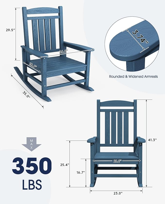 KINGYES HDPE Outdoor Rocking Chair, Widened Seat Patio Rocking Chair, Oversized All Weather Patio Rocker, Navy KINGYES