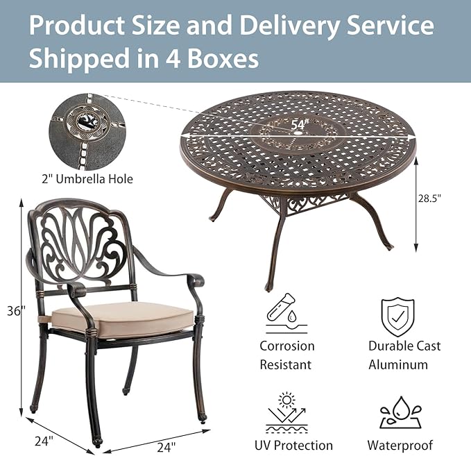 7-Piece Cast Aluminum Patio Furniture, Outdoor Dining Sets for 6 Include 54" Round Patio Dining Table and 6 Stackable Chairs with Cushions & Umbrella Hole (Bronze) Rootora
