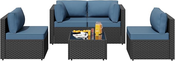 SUNLEI 5 Piece Patio Furniture Sets, Low Back All-Weather Rattan Sectional Sofa with Tea Table&Washable Couch Cushions, Patio Furniture Sets, Black Rattan SUNLEI