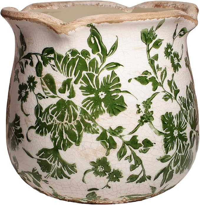 Tuscan Ceramic Plant Pots, 6.11 Inch Vintage Planters with Drainage Hole for Indoor Plants, Farmhouse Green Scroll Vase & Flower Pots, Home Kitchen Garden Decor, Plant Lover Gifts XiaanJiaju