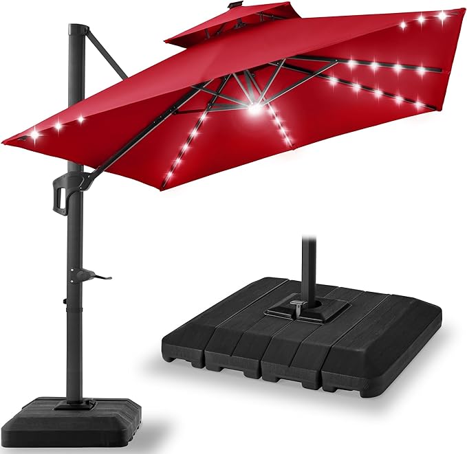 Best Choice Products 10x10ft Cantilever Patio Umbrella w/Base Included, Solar LED Lights 360 Rotation Large Offset Hanging Outdoor Shade for Deck Pool Backyard w/Stand – Red BestChoiceProducts