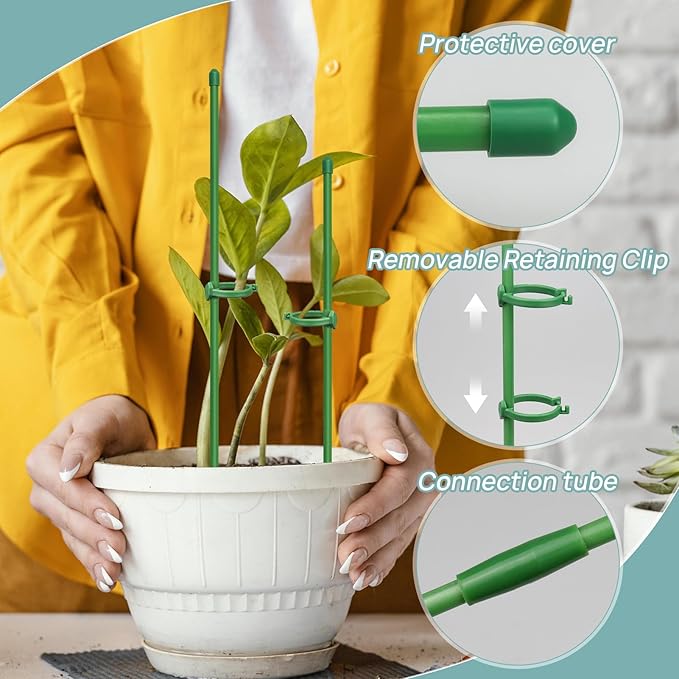 Plant Stakes, 20 Pcs Plant Sticks Stakes Support, Garden Stake Pole with Clips, Adjustable Plant Support with 20 Rings and 10 Connectors for Indoor and Outdoor Plants Catephe