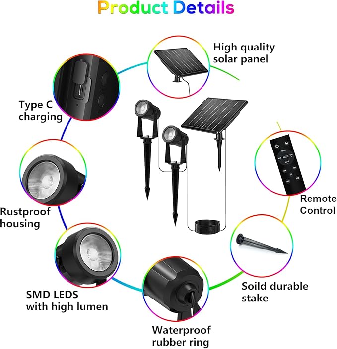 Zyan Solar Color Changing RGB Spotlights with Remote, Separate Monocrystalline Panels & USB-C Powered 18000mAh Auto On Off, Outdoor IP65 Waterproof, for Patio Yard Garden Pathway (12 Pack) ZYAN
