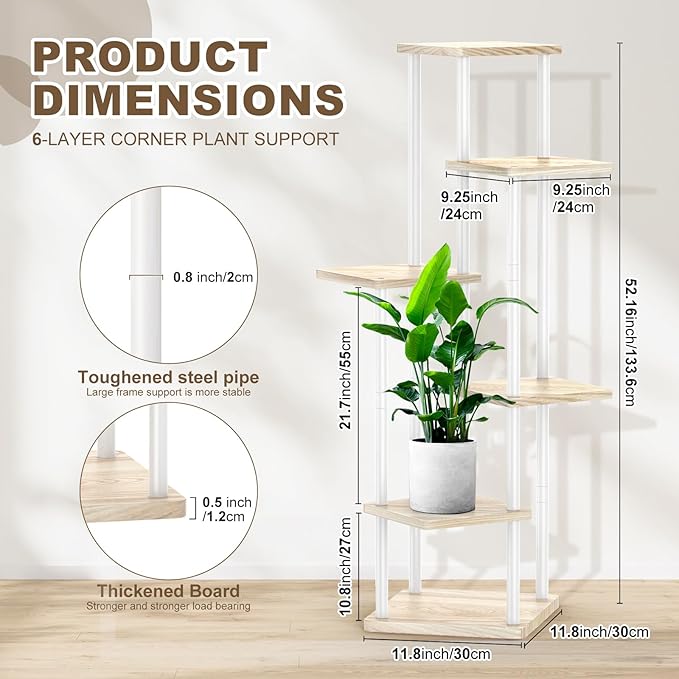 6 Tier Wood Tall Plant Stand Metal Rack Indoor, Multiple Flower Pot Holder Shelves Corner Rack, Planter Shelf Display Rack Storage Organizer for Patio Living Room Balcony Garden(White Oak) YOCOMEY