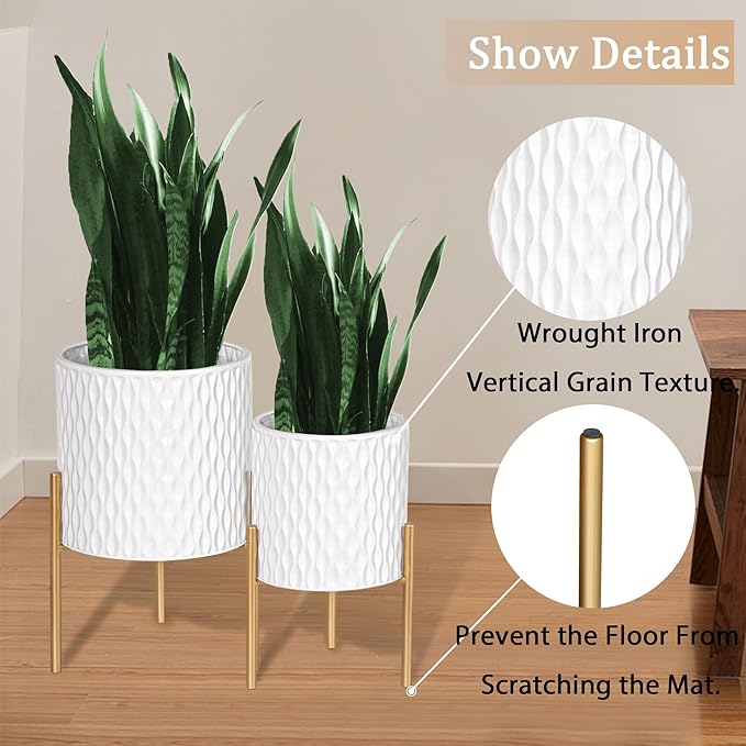 ARNIS Plants Pots with Stand, Set of 2 P lanters, Unique Mid Century Decorative Metal Flower Pots with Drainage, 8.25 & 10.5 Inch, White and Gold ARNIS