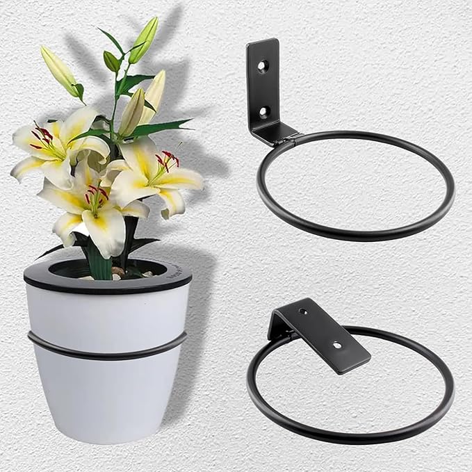 6 Pack 8 inch Flower Pot Holder Ring, Flower Pot Holder Ring Wall Mounted Set Wall Mounted Metal Planter Hanger Matte Black Hanging Plant Holder Jiozermi