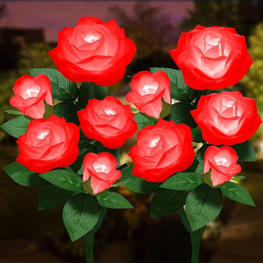 Solar Flower Lights Outdoor - Upgraded New Material Two Modes Realistic LED Solar Powered Waterproof Lights with 5 Roses, Solar Decorative Stake Lights for Garden (Red, 2 Pack) LightYourLife