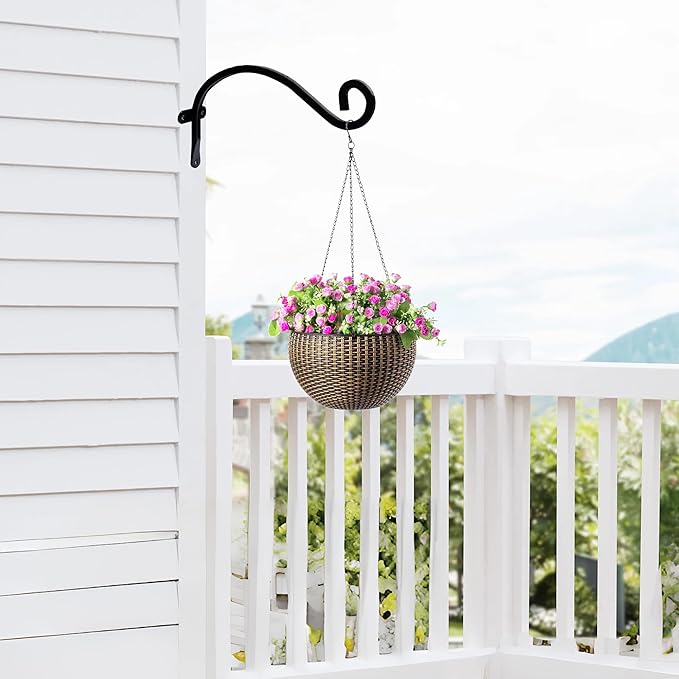 Hourleey 4 Pack Plant Hanger Outdoor, 8 Inch Heavy-Duty Hanging Plant Hook for Outside Basket, Black Metal Wall Mount Plant Bracket Hook for Flower Baskets Bird Feeder Hourleey
